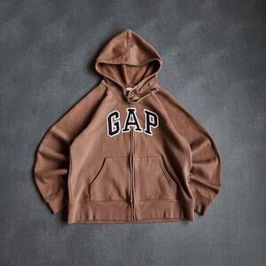 Y2K GAP Brown Full Zip Embroidered Hoodie Large
